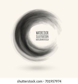 Black gray ink round stroke on white background. Japanese style. Vector illustration of grunge circle stains