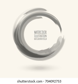 Black gray ink round stroke on white background. Japanese style. Vector illustration of grunge circle stains