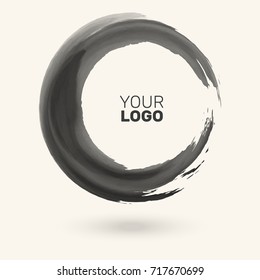 Black gray ink round stroke on white background. Japanese style. Vector illustration of grunge circle stains
