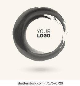 Black gray ink round stroke on white background. Japanese style. Vector illustration of grunge circle stains