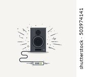 Black and gray loudspeaker with abstract sound waves. Thick lines and flat style illustration. Acoustic concept with cord and text button sound on.