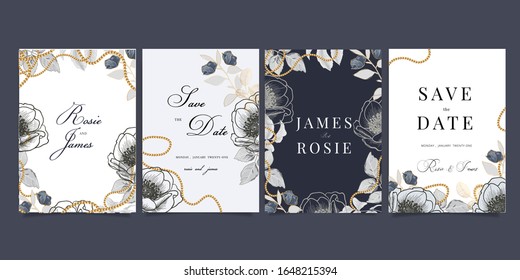 Black and Gray Luxury Wedding Invitation, floral invite thank you, rsvp modern card Design in golden peony , rose flower with  leaf greenery  branches decorative Vector elegant rustic template

