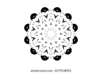 Black and Gray Mandala Illustration with Concentric Circles and Intricate Details	
