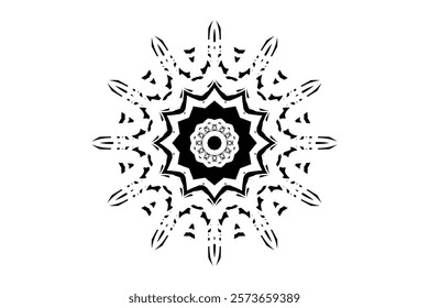 Black and gray mandala with a star-centered design, emphasizing symmetry and balance for meditation	
