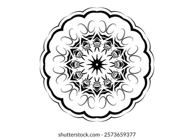 Black and gray mandala with star-like center, radiating geometric patterns for meditation and balance	