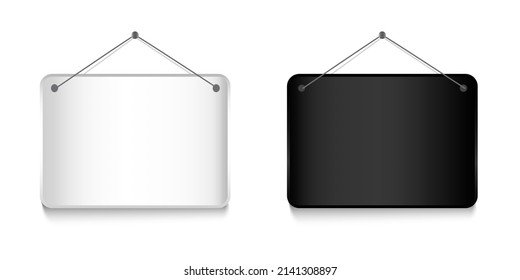 Black and gray metal plates hang. Banner design. Vector illustration. stock image.