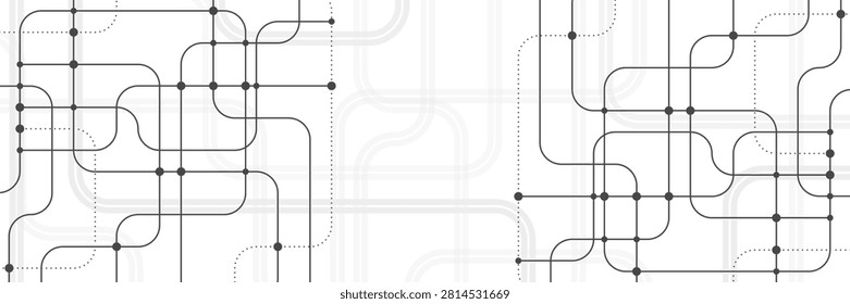 Black and gray network lines with connected nodes create a symmetrical digital pattern on a white background, leaving central copy space for technology and communication designs.