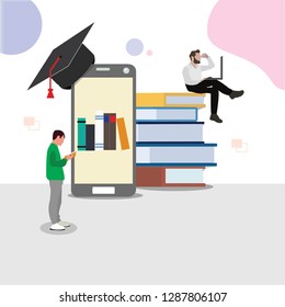 black gray orange green yellow blue red white pink circle square smartphone stack book man sitting reading hat graduation laptop Illustration template Suitable for education