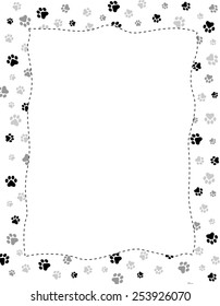 Black and gray paw prints pattern frame with empty white space on center 