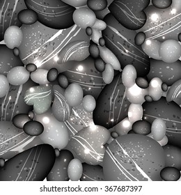 Black and gray pebble stones under water background, vector illustration.