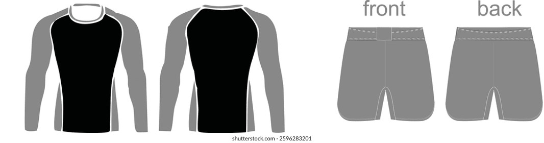 Black and gray rash guard with matching MMA shorts, front and back views. Ideal for martial arts, BJJ, and grappling sportswear design mockups.