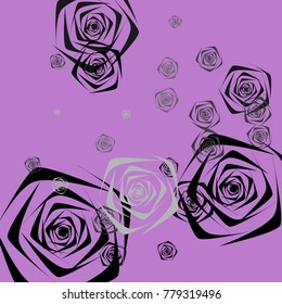 Black and gray roses of different sizes on a purple  background. Flowers. Beautiful background of black and gray roses. Vector illustration. Placer of flowers. Vector drawing of roses.
