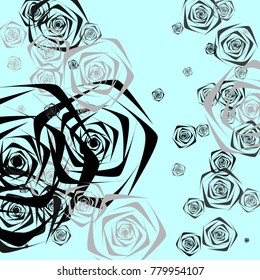 Black and gray roses of different sizes on a blue background. Flowers. Beautiful background of black and gray roses. Vector illustration. Placer of flowers. Vector drawing of roses.