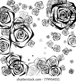 Black and gray roses of different sizes on a white background. Flowers. Beautiful background of black roses. Vector illustration. Placer of flowers. Vector drawing of roses.