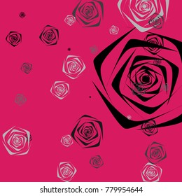 Black and gray roses of different sizes on a pink background. Flowers. Beautiful background of black and gray roses. Vector illustration. Placer of flowers. Vector drawing of roses.