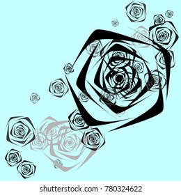 Black and gray roses of different sizes on a blue background. Flowers. Beautiful background of black and gray roses. Vector illustration. Placer of flowers. Vector drawing of roses.