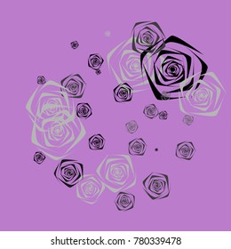Black and gray roses of different sizes on a purple  background. Flowers. Beautiful background of black and gray roses. Vector illustration. Placer of flowers. Vector drawing of roses.