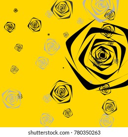 Black and gray roses of different sizes on a yellow background. Flowers. Beautiful background of black and gray roses. Vector illustration. Placer of flowers. Vector drawing of roses.