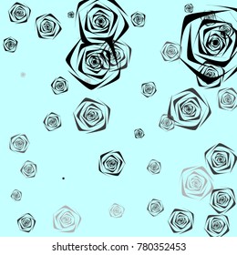 Black and gray roses of different sizes on a blue background. Flowers. Beautiful background of black and gray roses. Vector illustration. Placer of flowers. Vector drawing of roses.