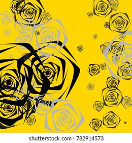 Black and gray roses of different sizes on a yellow background. Flowers. Beautiful background of black and gray roses. Vector illustration. Placer of flowers. Vector drawing of roses.