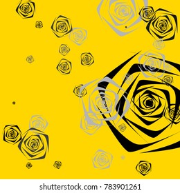 Black and gray roses of different sizes on a yellow background. Flowers. Beautiful background of black and gray roses. Vector illustration. Placer of flowers. Vector drawing of roses.