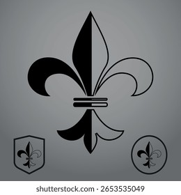 Lírio real preto e cinza. Sinal heráldico, logotipo, elemento de design, decoração. Padrão de vetor gráfico