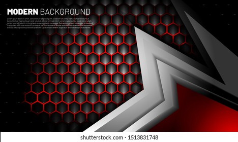 Black and gray shape background. Hexagon geometric pattern with red metal plates