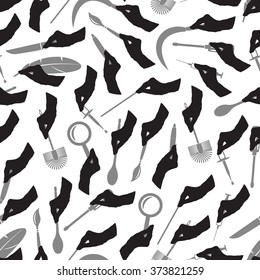 black and gray silhouette of hands with various tools seamless pattern eps10