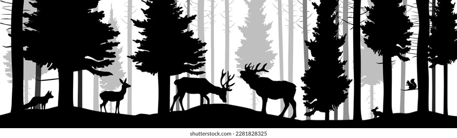 Black gray silhouette of wild forest woods animals deer and forest camping adventure outdoor wildlife hunting landscape panorama illustration icon vector for logo, isolated on white background