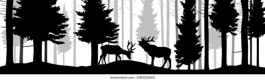 Black gray silhouette of wild forest woods animals deer, camping adventure outdoor wildlife hunting landscape panorama illustration icon vector for logo, isolated on white background