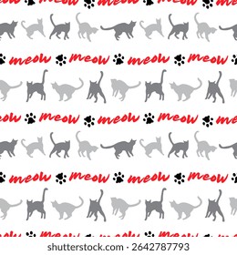 Black and gray silhouettes of cats on a white background with inscriptions and paw prints. Seamless pattern, print, vector illustration