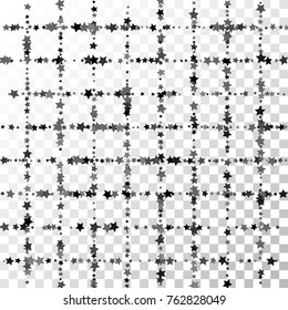 Black and Gray Stars Confetti Lines on Transparent Background. Invitation Background. Banner, Greeting Card, Christmas and New Year card, Postcard, Packaging, Textile Print. Beautiful Starry Sky