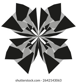 Black gray symmetry. Sharp polygon rotation. Abstract vector icon. Kaleidoscopic pattern design.