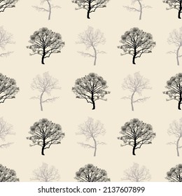 
Black and gray trees on a light beige background.  Vector seamless pattern. Deciduous forest design.