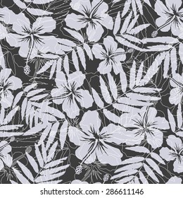 Black and gray tropical flowers silhouettes vector seamless pattern