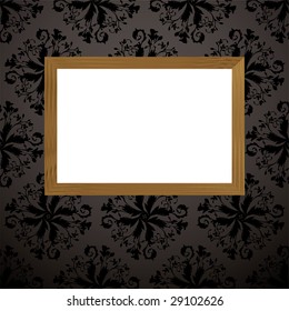 Black and gray wallpaper design with wooden picture frame and blank copyspace