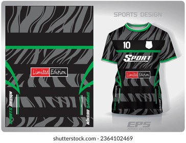 Black and gray water waves with green stripes pattern design, illustration, textile background for sports t-shirt, football jersey shirt mockup for football club. consistent front view