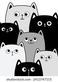 Encabezado de la cara de gato blanco gris negro. Los gatos gatillan a la familia. Doodle de línea de contorno. Caricatura graciosa. Colección de bebés para mascotas. Tarjeta de felicitación. Impresión pegatina. Diseño plano. Fondo blanco. Vector