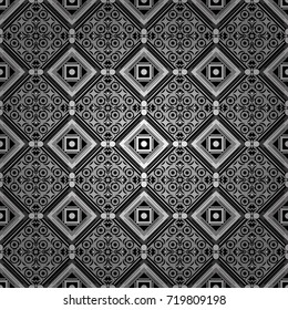 Black, gray and white ethnic geometric motif seamless pattern in black, gray and white on abstract background.