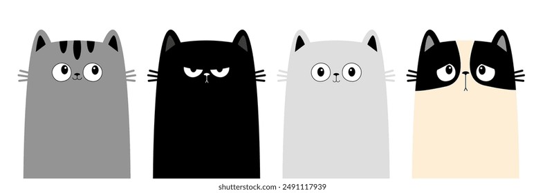 Icono de gatito negro, gris, blanco. Línea de juego de gatos. Cara divertida, cabeza. Lindo personaje de dibujos animados. Animal Kawaii. Una emoción diferente. Triste feliz enojado. Anuncio de tarjeta de amor. Diseño plano aislado Vector de fondo blanco