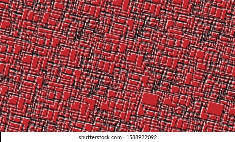 Black, gray and white ornament of lines of geometric shapes on red background.  Modern interpretation of small-scale large-scale ornament.  3D simulation.  Business, festive style.