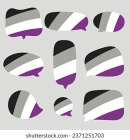 Black, gray, white and purple colored speech bubble icons, as the colors of the asexual flag. LGBTQI concept. Flat vector illustration.