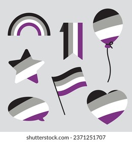 Black, gray, white and purple colored rainbow, star, balloon, heart, speech bubble icons, as the colors of the asexual flag. LGBTQI concept. Flat vector illustration.