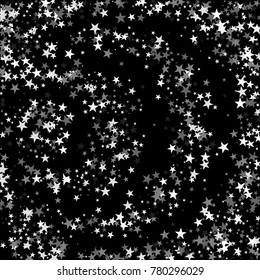 Black, gray and white stars on a black background. Beautiful background. Confetti. A frame of stars. A scattering of confetti. Placer from the stars. Beautiful background. Vector illustration.