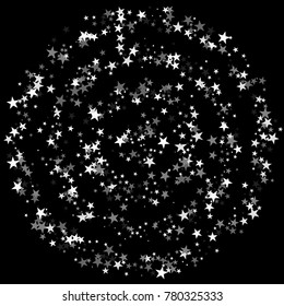 Black, gray and white stars on a black background. Beautiful background. Confetti. A frame of stars. A scattering of confetti. Placer from the stars. Beautiful background. Vector illustration.