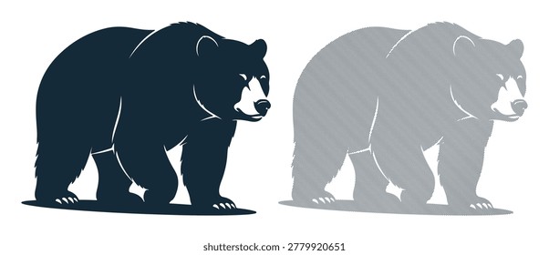 Black and gray wild north american grizzly bear, standing on four paws, looking right.