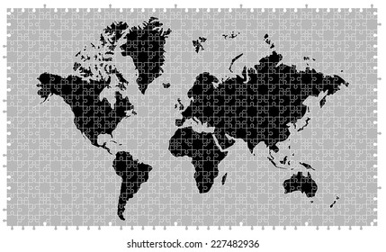 Black and gray world map made of 680 pieces of jigsaw puzzle (removable pieces). worldmap concept wallpaper. vector art image illustration isolated on white background eps10