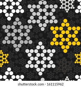 Black gray yellow white dotted stars winter holidays seamless pattern on dark background