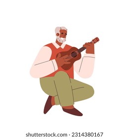 Black gray-haired man with a beard plays on ukulele. Person enjoys playing a musical instrument, a small guitar. Vector isolated illustration hand drawn on white background