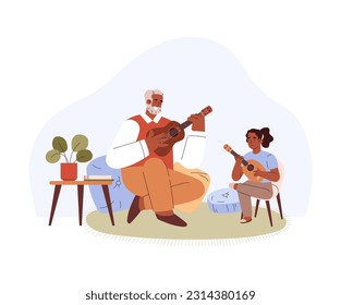 Black gray-haired man with a beard teaches to play on ukulele little girl in cozy room. Persons enjoys playing musical instrument, small guitar. Vector illustration hand drawn on white background